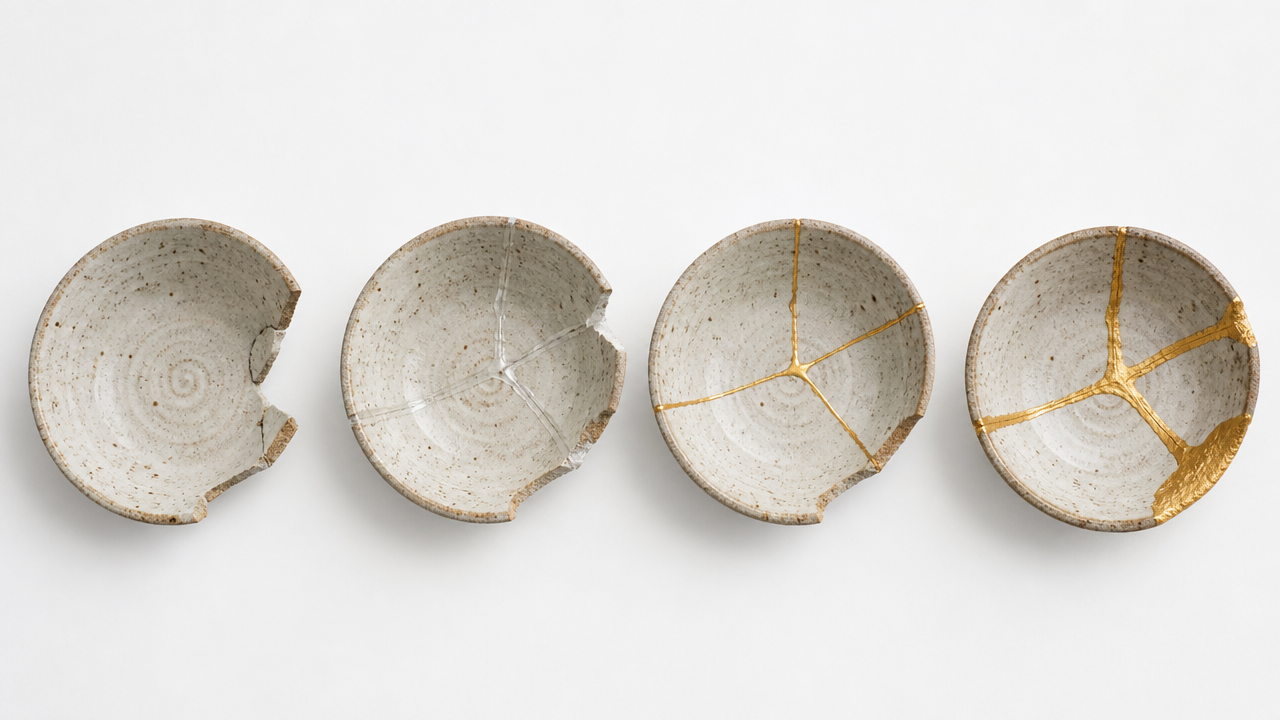 A top-down photograph of four ceramic bowl fragments at different stages of repair arranged in a row on a white surface: one unrepaired, one with clear adhesive applied, one with gold seam lines from synthetic kintsugi, one with rich gold seam lines from traditional kintsugi, soft even lighting, no text, no labels