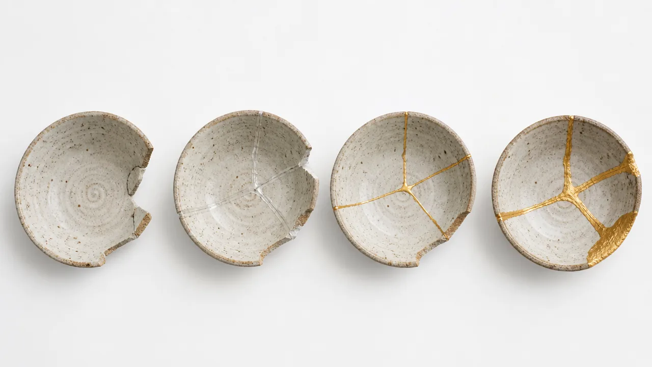 Four small ceramic bowls in a row, from chipped and unrepaired to fully repaired with gold lines