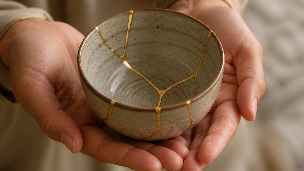 A ceramic tea bowl repaired with kintsugi resting in two open hands, photographed from above at a slight angle, warm natural light, golden seam lines clearly visible across the surface, blurred neutral background, intimate and still composition, no text, no labels
