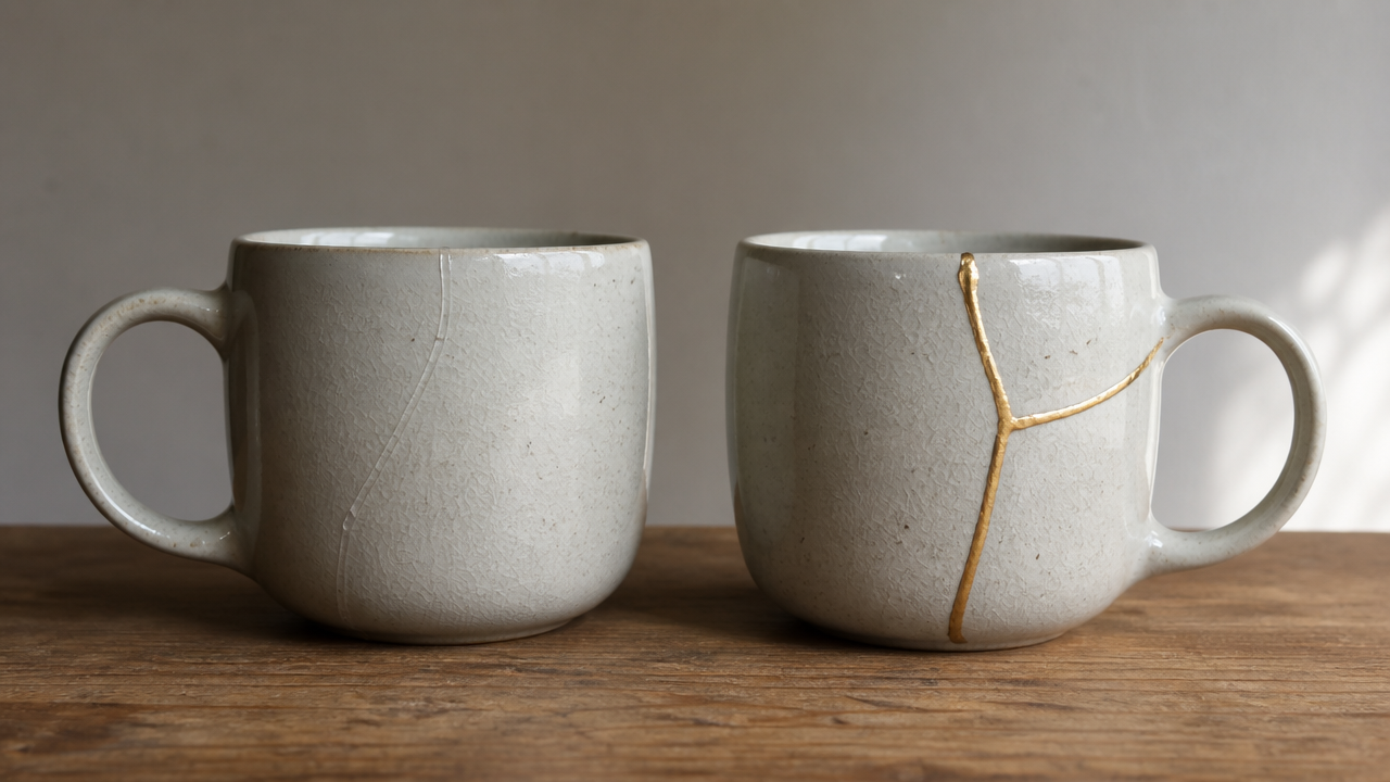 A side-by-side photograph of two ceramic mugs on a wooden surface: the left mug has a barely visible clear adhesive repair along a crack, the right mug has a visible golden kintsugi seam line, soft natural light from the right, neutral background, no text, no labels