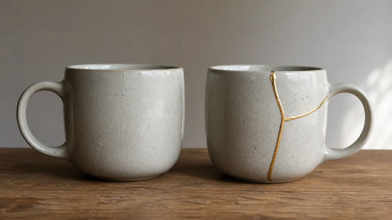 Two white mugs on a wooden shelf: one with faint repaired cracks, one with gold repair lines