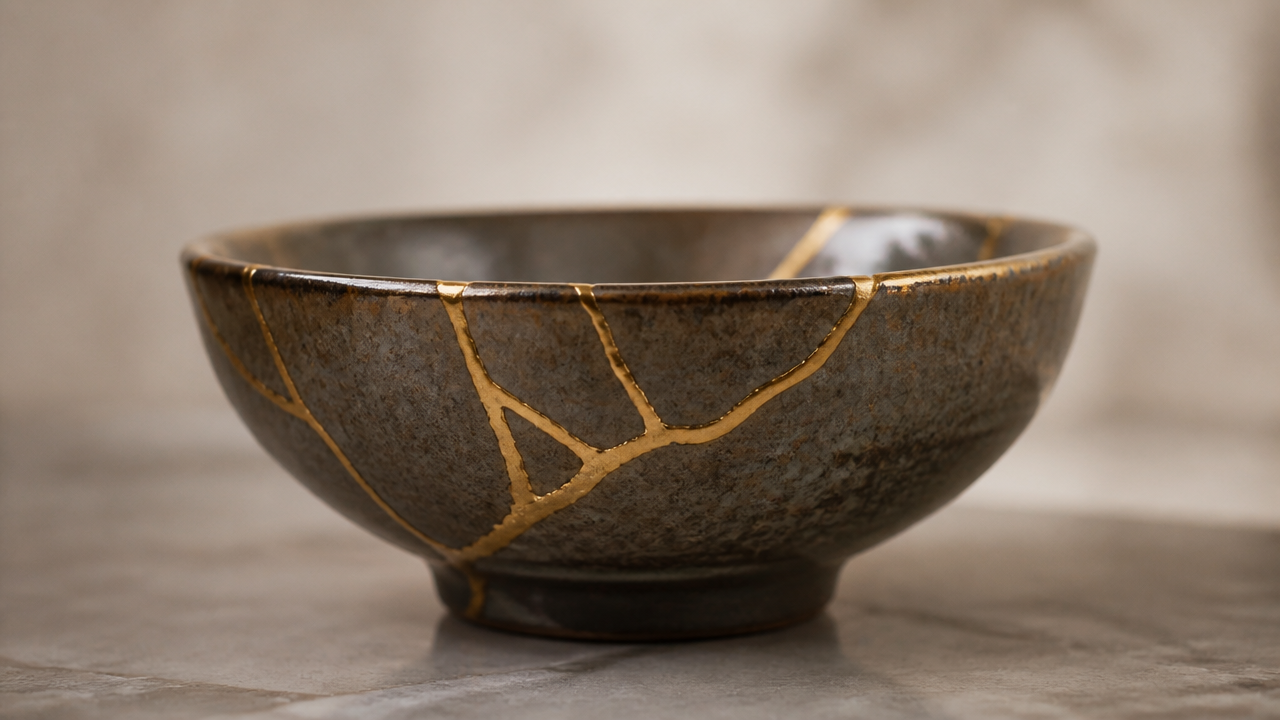 A ceramic bowl with kintsugi gold seam lines photographed from a low angle on a smooth stone surface, shallow depth of field with the gold lines in sharp focus, soft neutral background, warm natural light, contemplative and quiet composition, no text, no labels