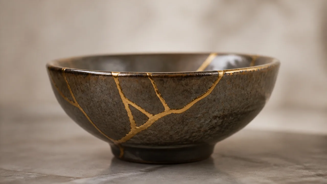Dark ceramic bowl with gold repair lines on a stone surface