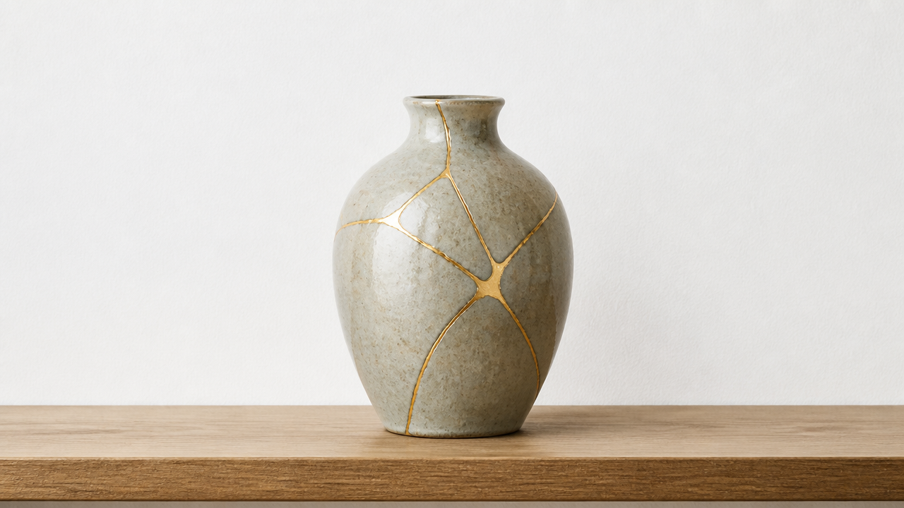 A single ceramic vase with prominent kintsugi gold seam lines displayed on a minimalist wooden shelf against a plain white wall, photographed straight on with even soft lighting, the golden lines catching the light subtly, clean and elegant composition, no text, no labels, no decorative objects nearby