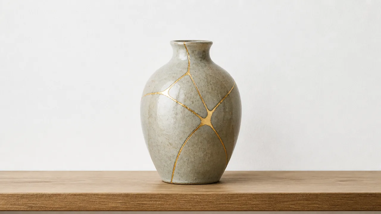 Small ceramic vase with gold repair lines on a wooden shelf against a white wall