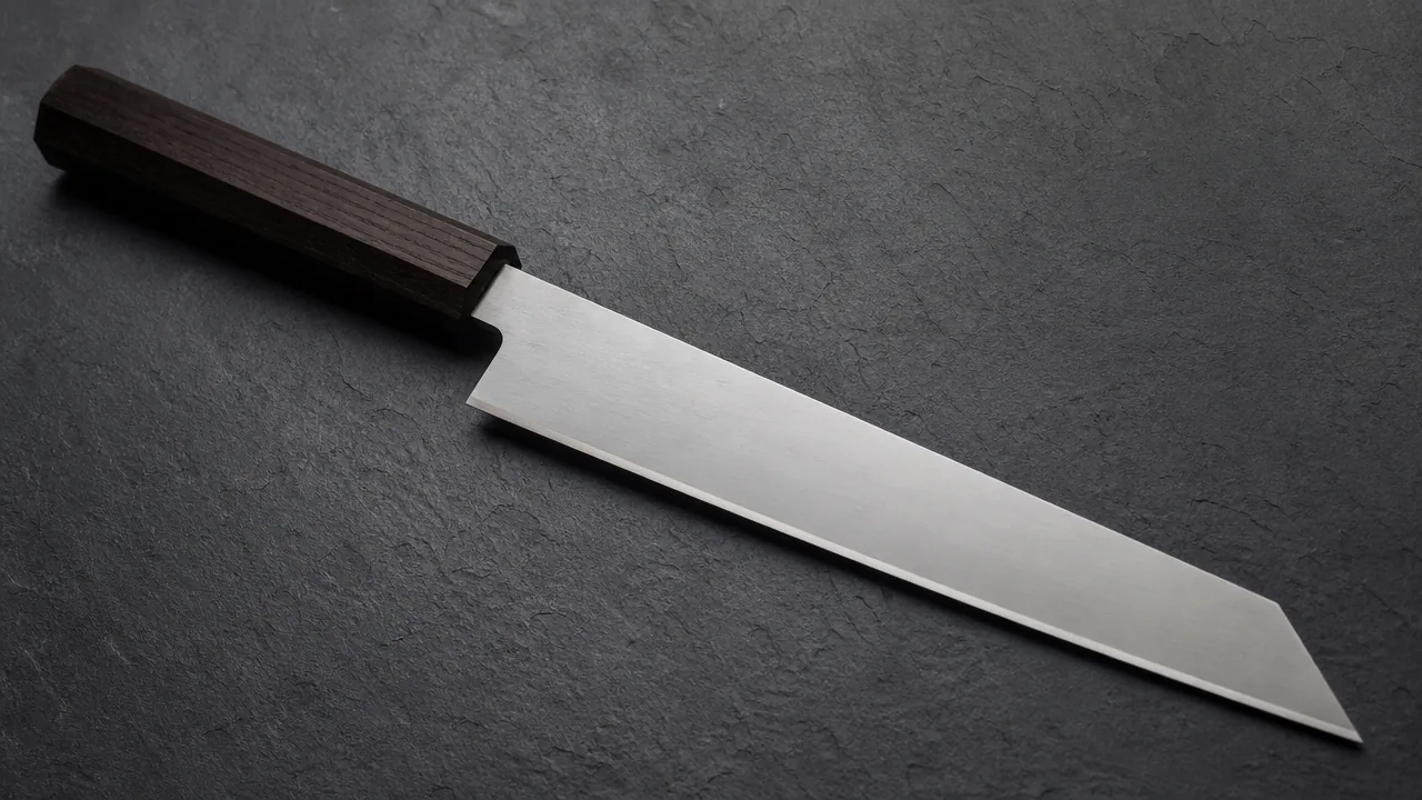 A close-up photograph on a dark slate surface of a single Japanese Kiritsuke knife, isolated, showing its distinctive tip clearly: the cutting edge runs straight for most of the blade's length, and the spine slopes downward at a clear angle near the tip to meet the edge at a sharp, elongated, angular point — a faceted reverse-tanto-style tip with no rounded curve anywhere near the point. Plain dark wooden handle, soft directional lighting emphasizing the blade's flat grind and straight profile, no text, no lettering, no logos, no price tags, photorealistic style.
