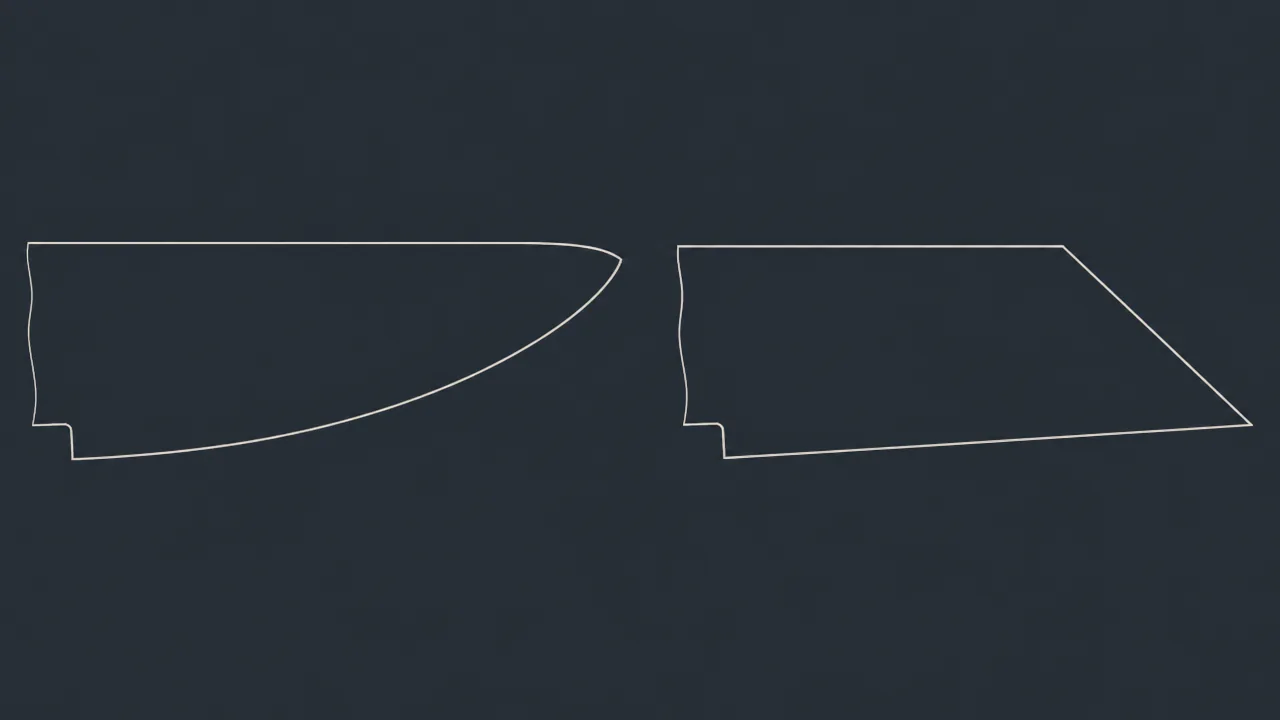 A technical illustration on a dark slate background showing two knife blade tip profiles side by side in simple line-art style, minimal color. Left profile labeled area: a Gyuto tip, where the bottom edge line curves smoothly upward in a continuous arc to meet the nearly straight top spine line at a rounded point. Right profile area: a Kiritsuke tip, where the bottom edge line stays straight almost to the very end while the top spine line slopes sharply downward near the tip, the two lines meeting at a sharp angular point with a visible facet, clearly different from the rounded profile on the left. Clean thin outlines, no text labels, no lettering, no numbers, no logos, no price tags.