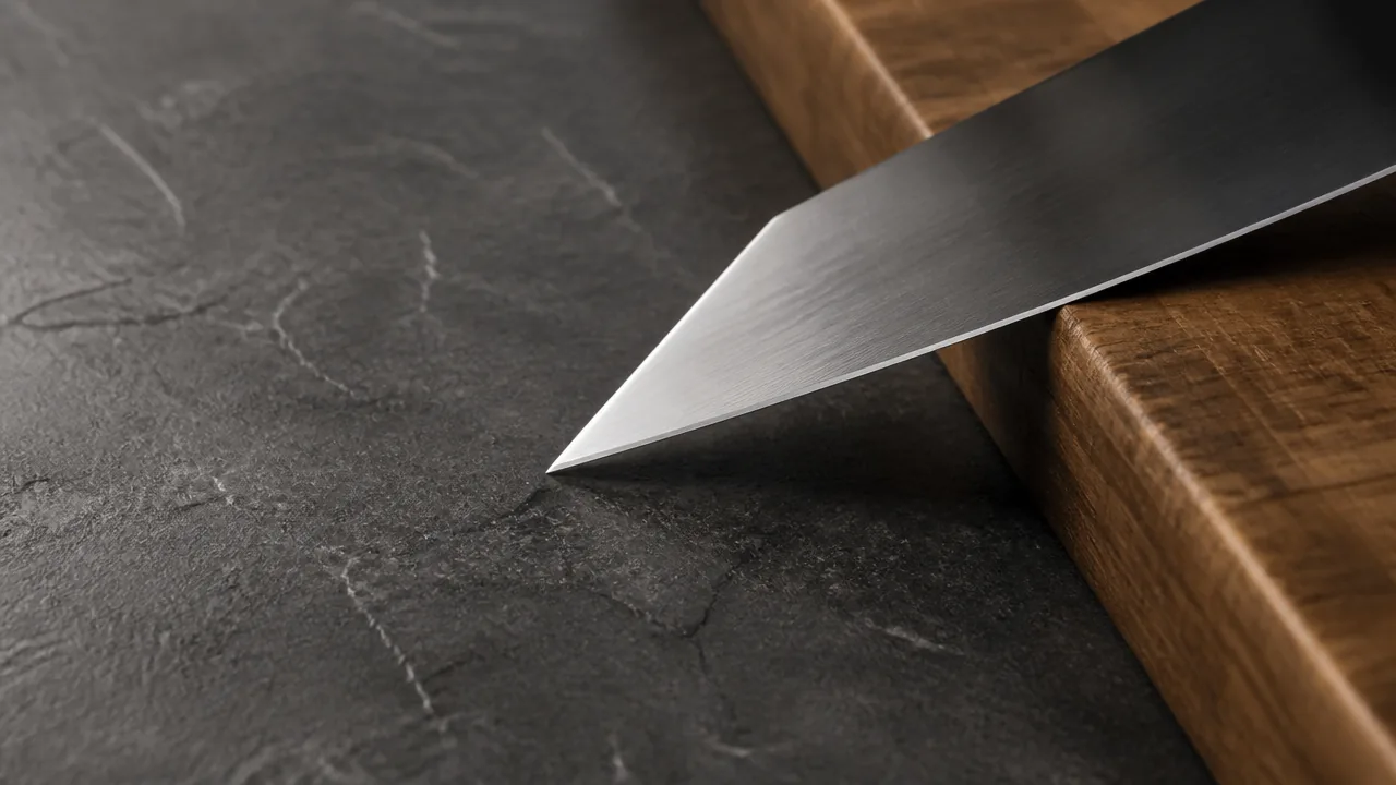 A close-up photograph on a dark slate surface of the delicate angular tip of a Kiritsuke knife resting near the edge of a wooden cutting board, the tip's straight edge and downward-sloping spine meeting at a sharp angular point clearly visible, positioned to suggest care is needed near hard surfaces. Soft directional lighting, shallow depth of field emphasizing the fine tip geometry, no hands, no people, no text, no lettering, no logos, no price tags, photorealistic style.