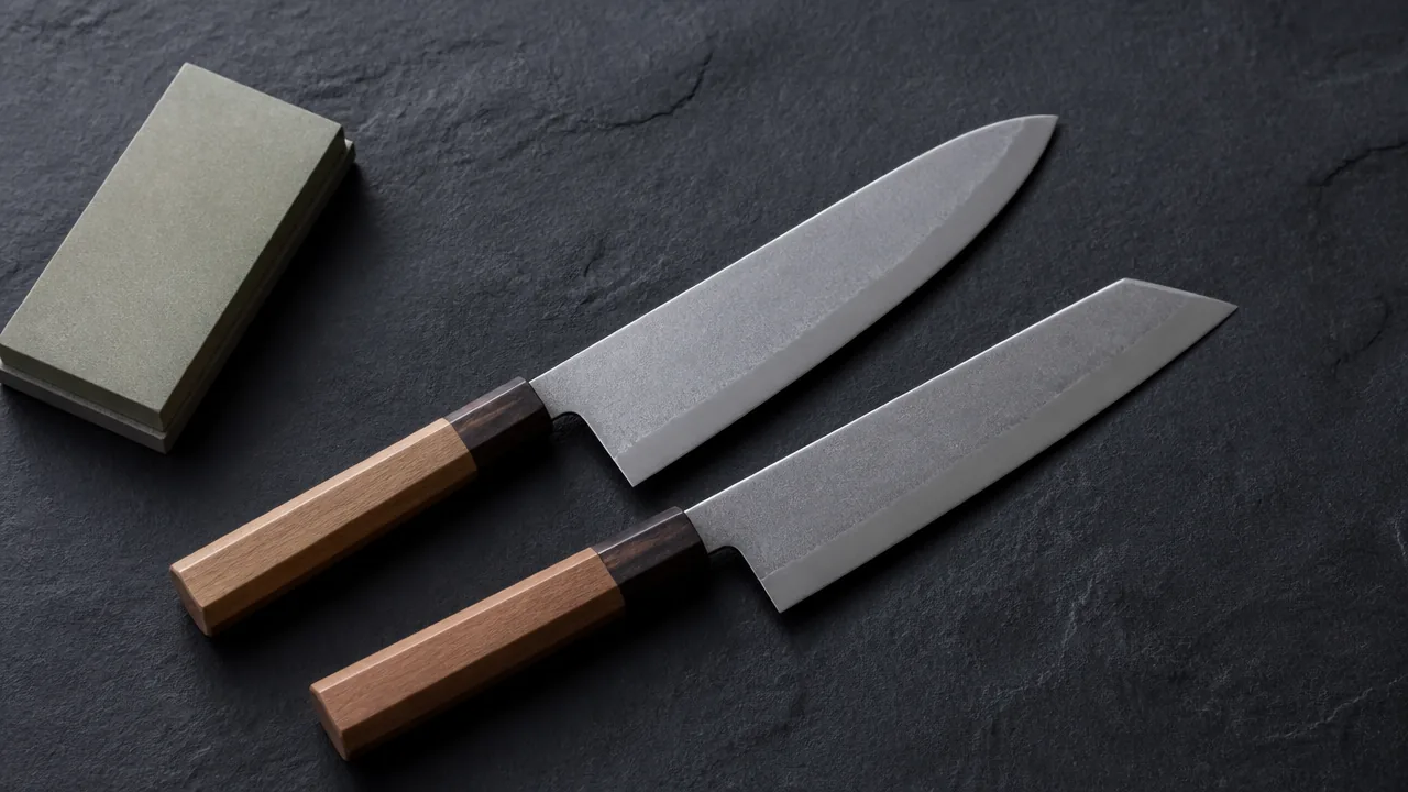 A flat lay photograph on a dark slate surface showing a Gyuto knife and a Kiritsuke knife arranged in a gentle fan, both with plain wooden handles, the Gyuto's rounded curved-belly tip and the Kiritsuke's straight-edged angular tip both clearly visible and distinct from each other, with a small whetstone placed nearby suggesting the choice between the two. Soft natural side lighting, no hands, no people, no text, no lettering, no logos, no price tags, photorealistic style.