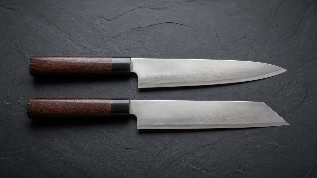 A quiet still life photograph on a dark slate surface: a Gyuto and a Kiritsuke knife resting parallel to each other, handles together, blades pointing outward, with their differing tip shapes visible — one rounded and curved, one straight-edged and angular — calm and orderly composition, soft even natural light, generous negative space. No hands, no people, no text, no lettering, no logos, no price tags, photorealistic style.