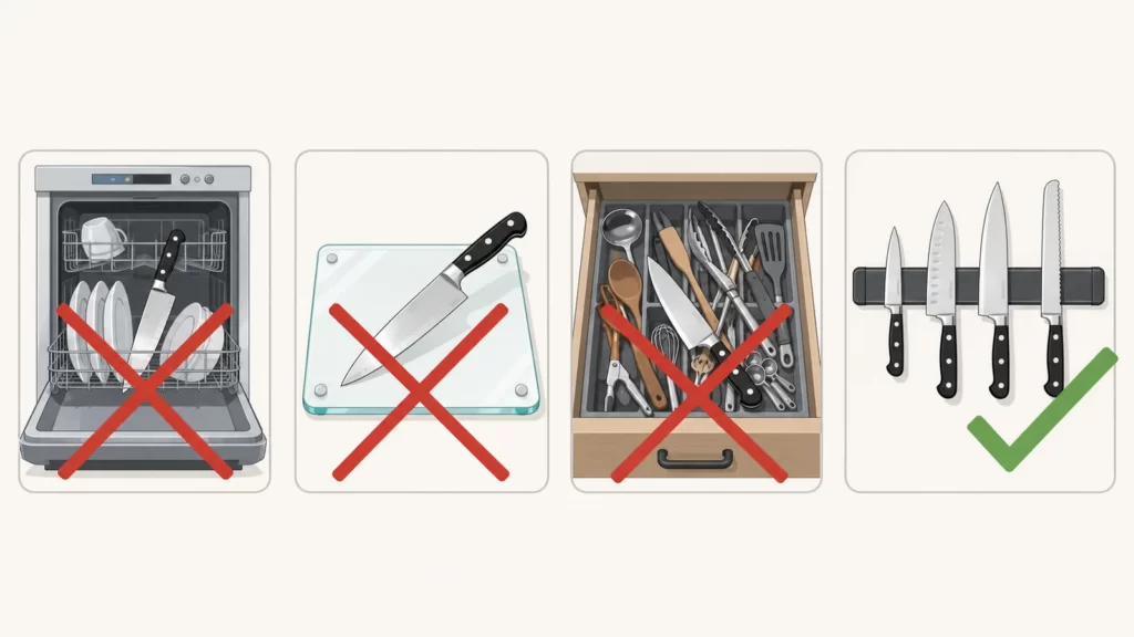 Four panels: a knife in a dishwasher, on a glass board and loose in a drawer, each crossed out, and knives on a magnetic strip with a tick