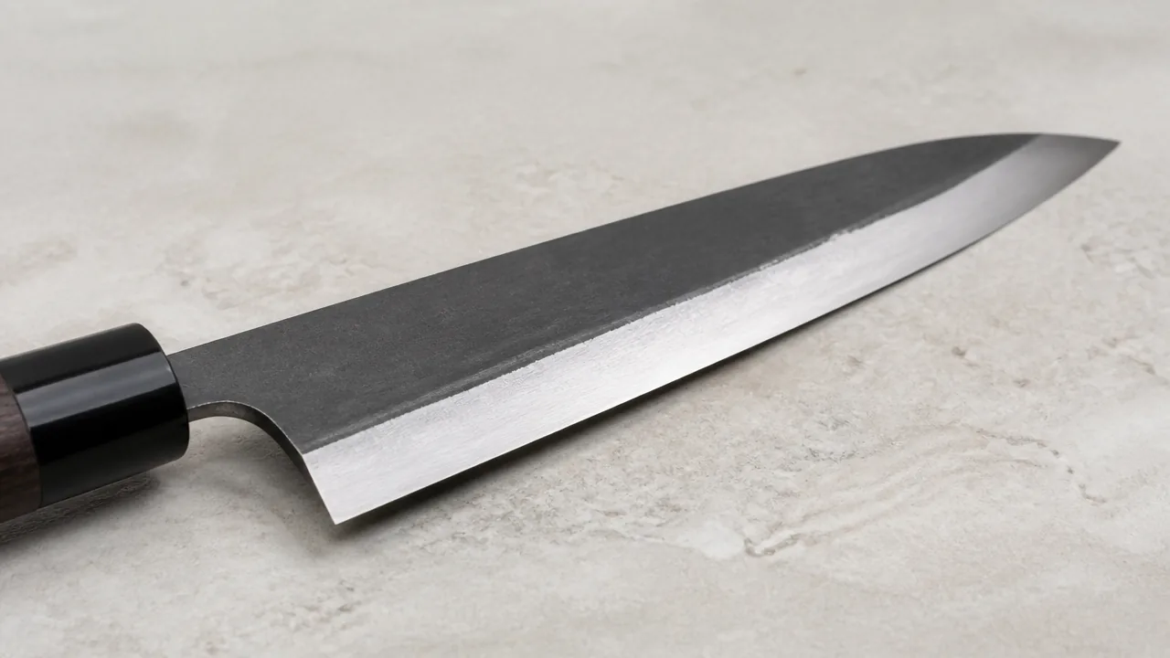 Close-up of a knife blade with a dark upper face and a polished bevel along the edge