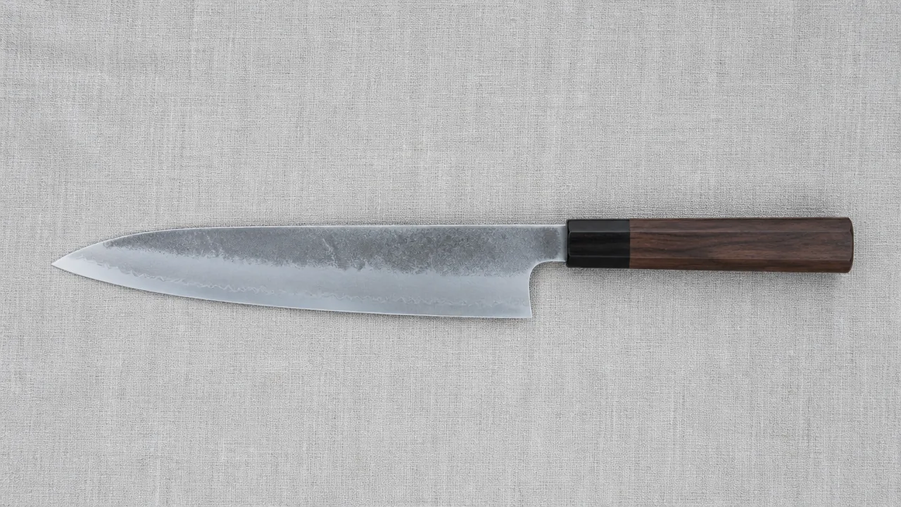 Gyuto with a dark wooden handle lying flat on grey linen