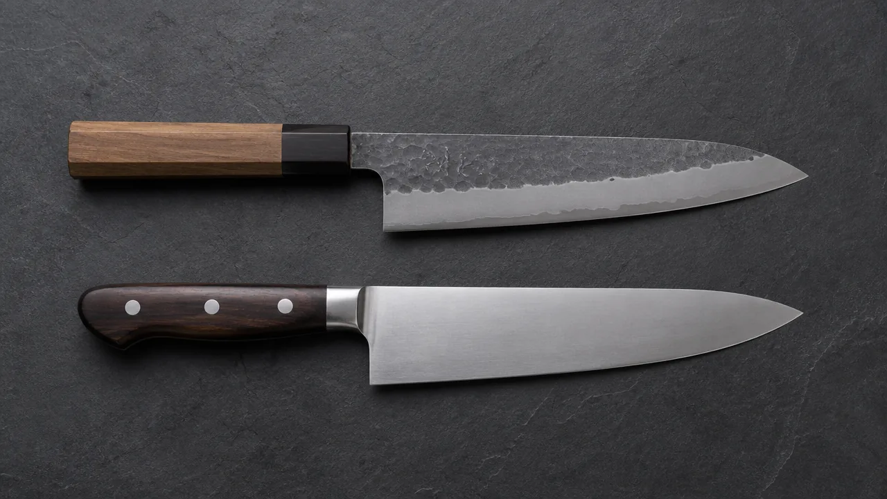 Two knives on slate: one with a wooden Japanese handle and hammered blade, one with a riveted Western handle