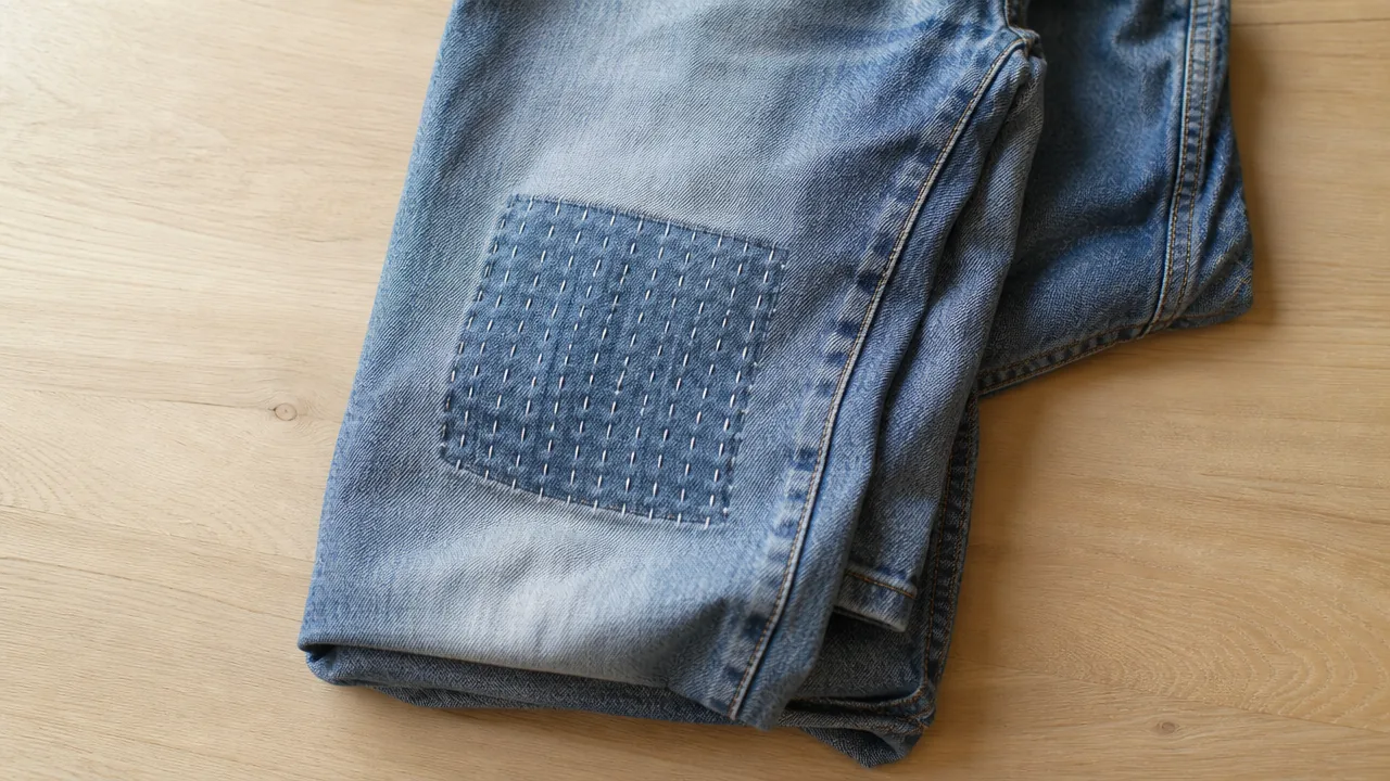 A flat lay photograph on a light wooden table of a pair of faded blue jeans folded so the knee is visible, with a neat rectangular patch on the knee held down by evenly spaced rows of white running stitches in a simple grid pattern, a spool-free composition with nothing else on the table. Soft natural window light. Photorealistic photograph, soft natural window light, realistic fabric texture with visible weave and hand stitches, not an illustration or painted rendering. No hands, no fingers, no people, no text, no lettering, no numbers, no logos, no brand names, no price tags.
