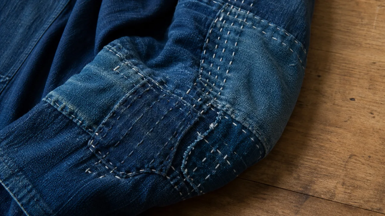 A close-up photograph of the elbow of a worn indigo-dyed cotton work jacket lying flat, showing several layered patches of slightly different blue shades held together by dense rows of white running stitches, frayed edges visible, resting on a plain wooden surface. Soft natural window light. Photorealistic photograph, soft natural window light, realistic fabric texture with visible weave and hand stitches, not an illustration or painted rendering. No hands, no fingers, no people, no text, no lettering, no numbers, no logos, no brand names, no price tags.