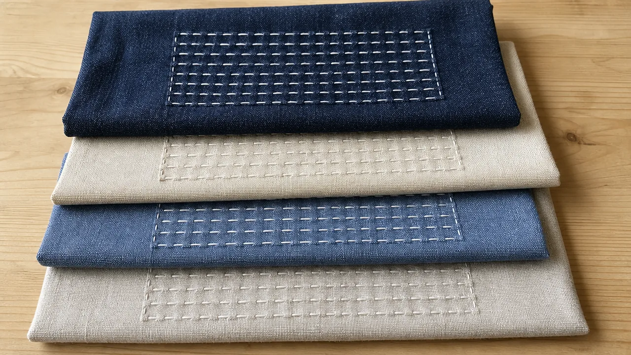 A flat lay photograph on a light wooden table of a neat stack of four folded woven cotton fabrics (dark denim, beige canvas, blue chambray, natural cotton-linen blend), each with a neat rectangular patch held down by evenly spaced parallel rows of thick white running stitches crossing the whole surface of the patch. Photorealistic photograph, soft natural window light, realistic fabric texture with visible weave and hand stitches, not an illustration or painted rendering. No hands, no people, no text, no logos.