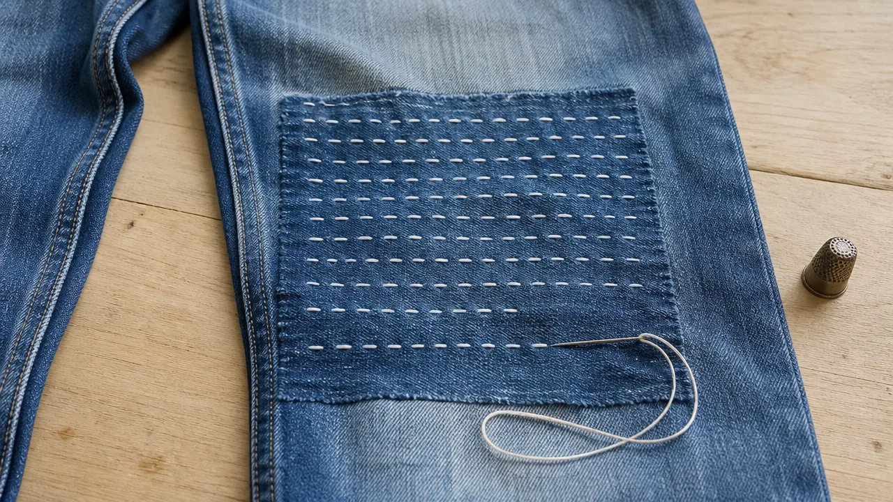 An overhead flat lay photograph on a light wooden table of the knee area of a pair of faded blue jeans, with a neat rectangular patch on the knee held down by evenly spaced parallel rows of thick white running stitches crossing the whole surface of the patch, the last rows partly finished, a long needle trailing white thread at the end of the last row, and a small metal thimble beside the jeans. Photorealistic photograph, soft natural window light, not an illustration. No hands, no people, no text, no logos.