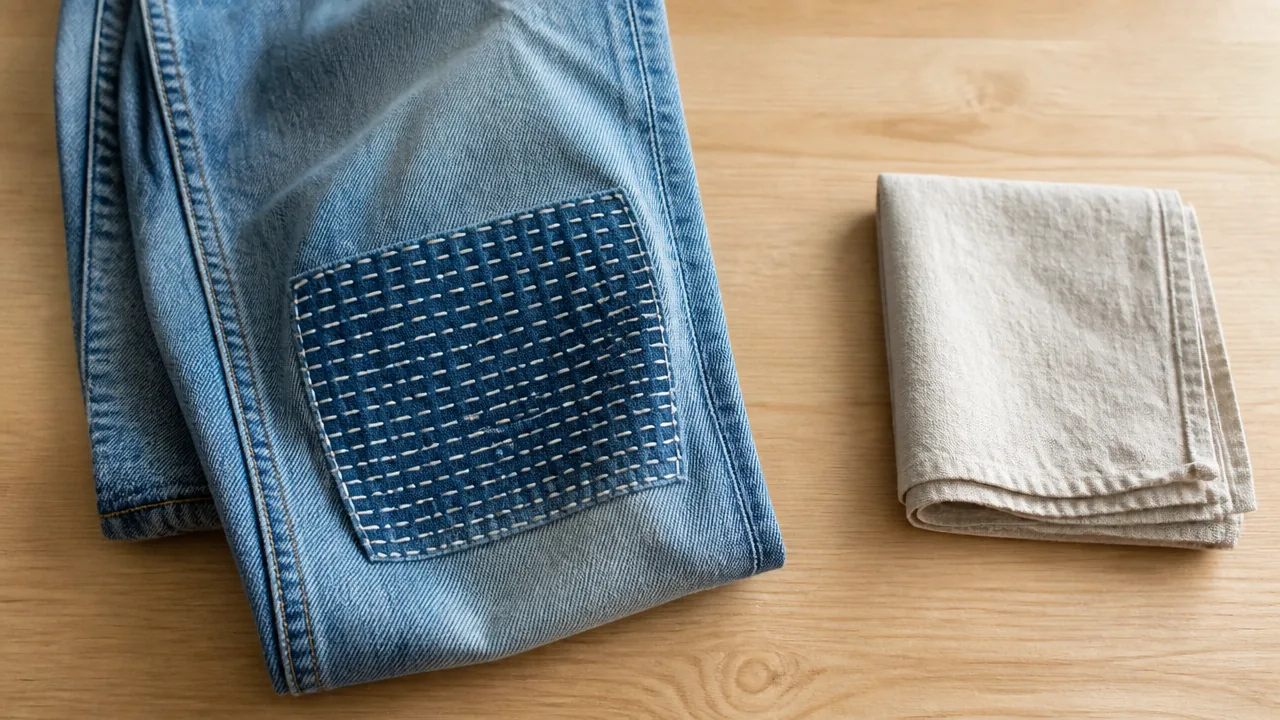 A flat lay photograph on a light wooden table of a pair of faded blue jeans folded so the knee is visible, with a neat rectangular patch of darker blue denim on the knee held down by evenly spaced parallel rows of thick, bold white running stitches crossing the whole surface of the patch, and a small folded linen cloth beside it. Photorealistic photograph, soft natural window light, not an illustration. No hands, no people, no text, no logos.