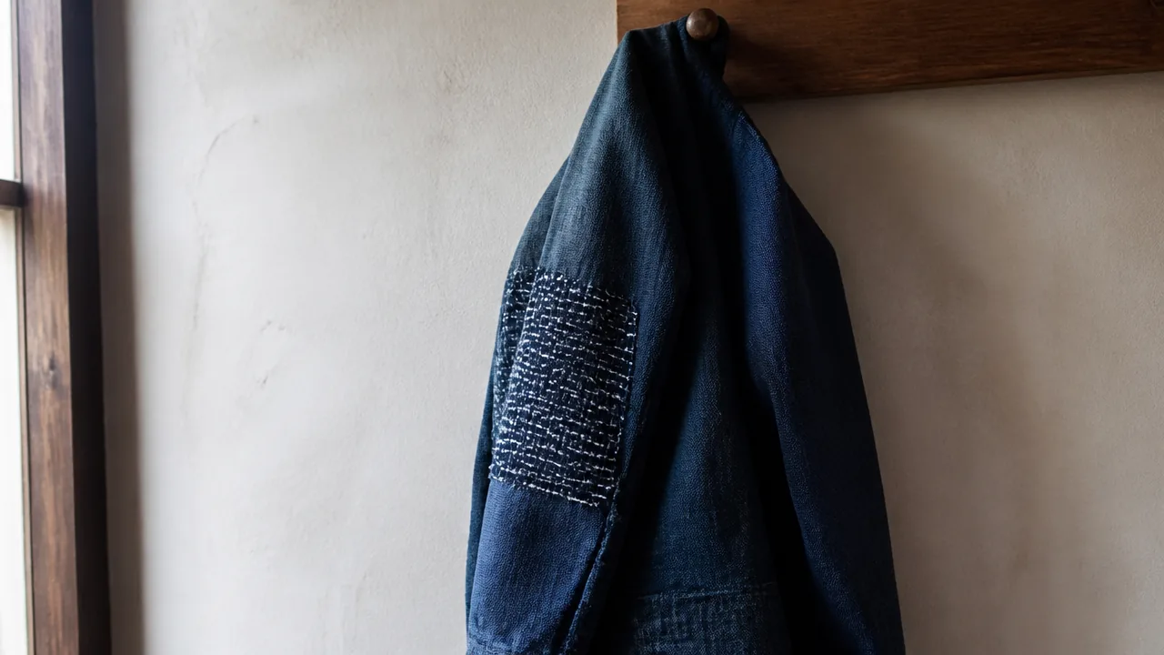 A warm editorial photograph of a mended indigo cotton work jacket with visible white sashiko stitching on the elbow patch, hanging on a wooden hook against a plain plaster wall, soft natural window light, no person wearing it. Photorealistic photograph, soft natural window light, realistic fabric texture with visible weave and hand stitches, not an illustration or painted rendering. No hands, no fingers, no people, no text, no lettering, no numbers, no logos, no brand names, no price tags.