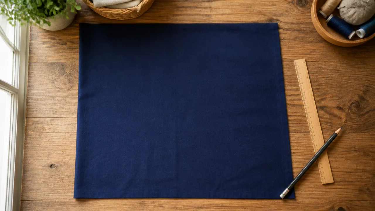 Navy blue cotton fabric laid flat on a wooden table with a ruler and a pencil