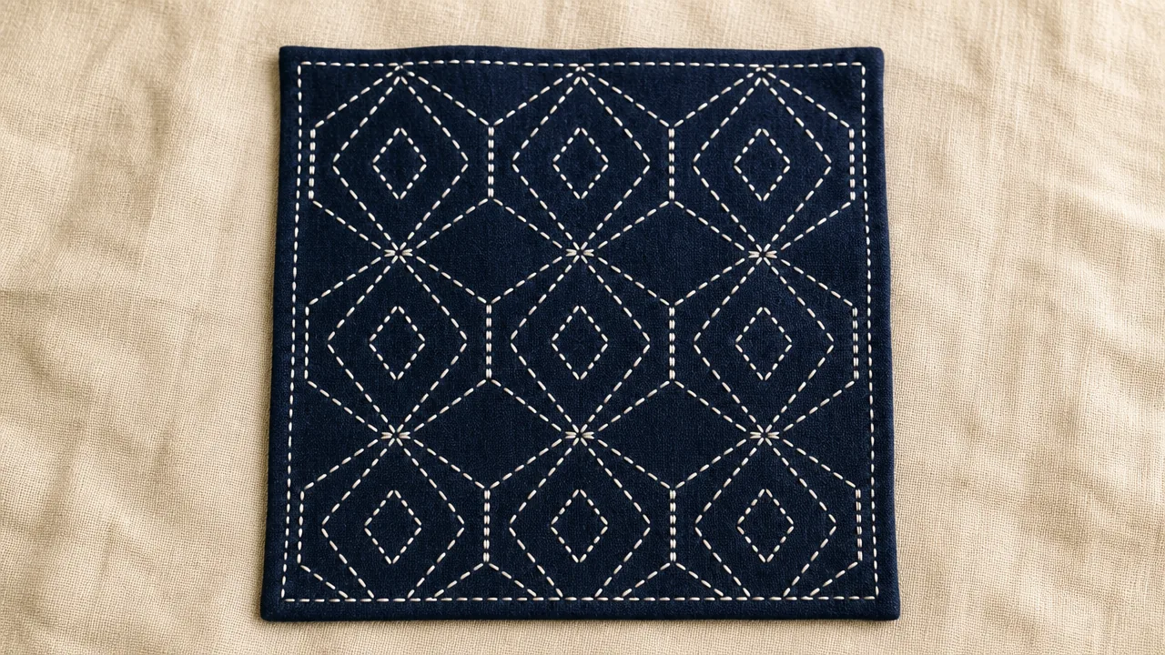 Navy square stitched with a white pattern of hexagons and diamonds