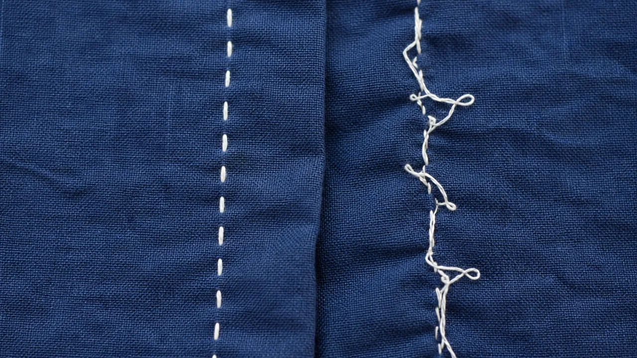 A macro still life on indigo cotton fabric showing two contrasting patches of hand stitching side by side within one continuous piece of cloth: on one side, a neat row of evenly spaced white running stitches; on the other side of the same fabric, a row of visibly uneven, loosely twisted and tangled white thread stitching. Soft even natural light across the whole frame. No hands, no people, no text, no lettering, no numbers, no logos.