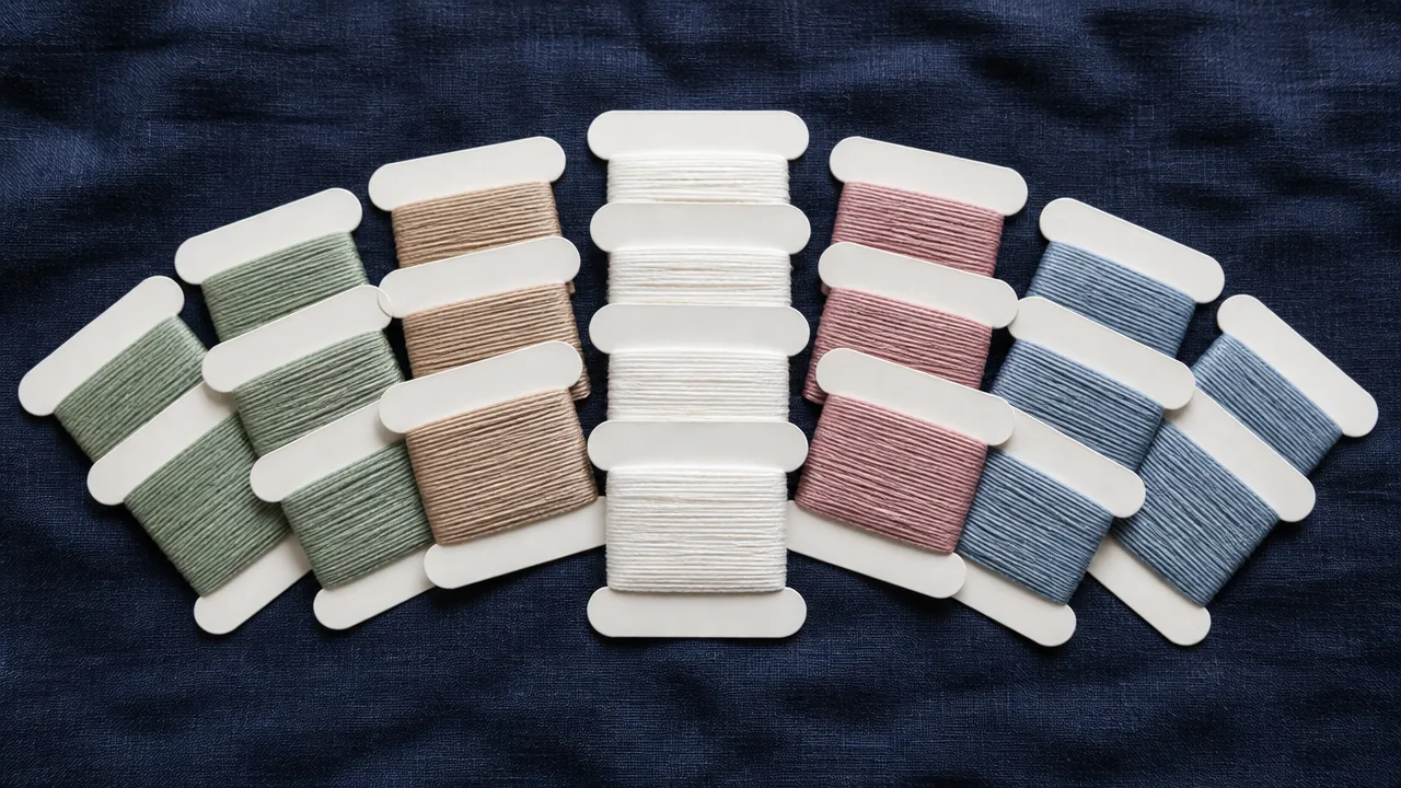 Rows of thread cards in green, beige, white, pink and blue on indigo fabric