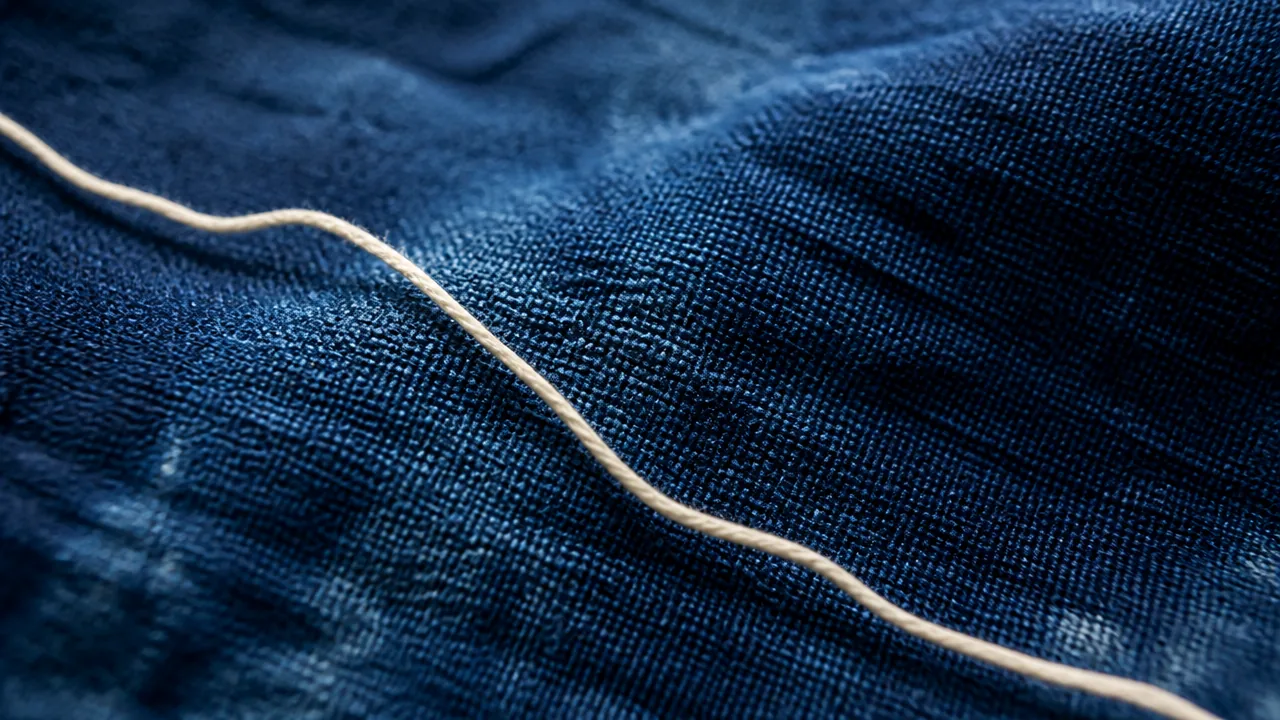 A close-up macro photograph of hand-dyed indigo cotton fabric texture, showing rich variation in the blue tones from a traditional dyeing process, with a single strand of white cotton thread laid across the surface. Soft raking light emphasizing fabric texture. No hands, no text, no lettering, no logos, no price tags.