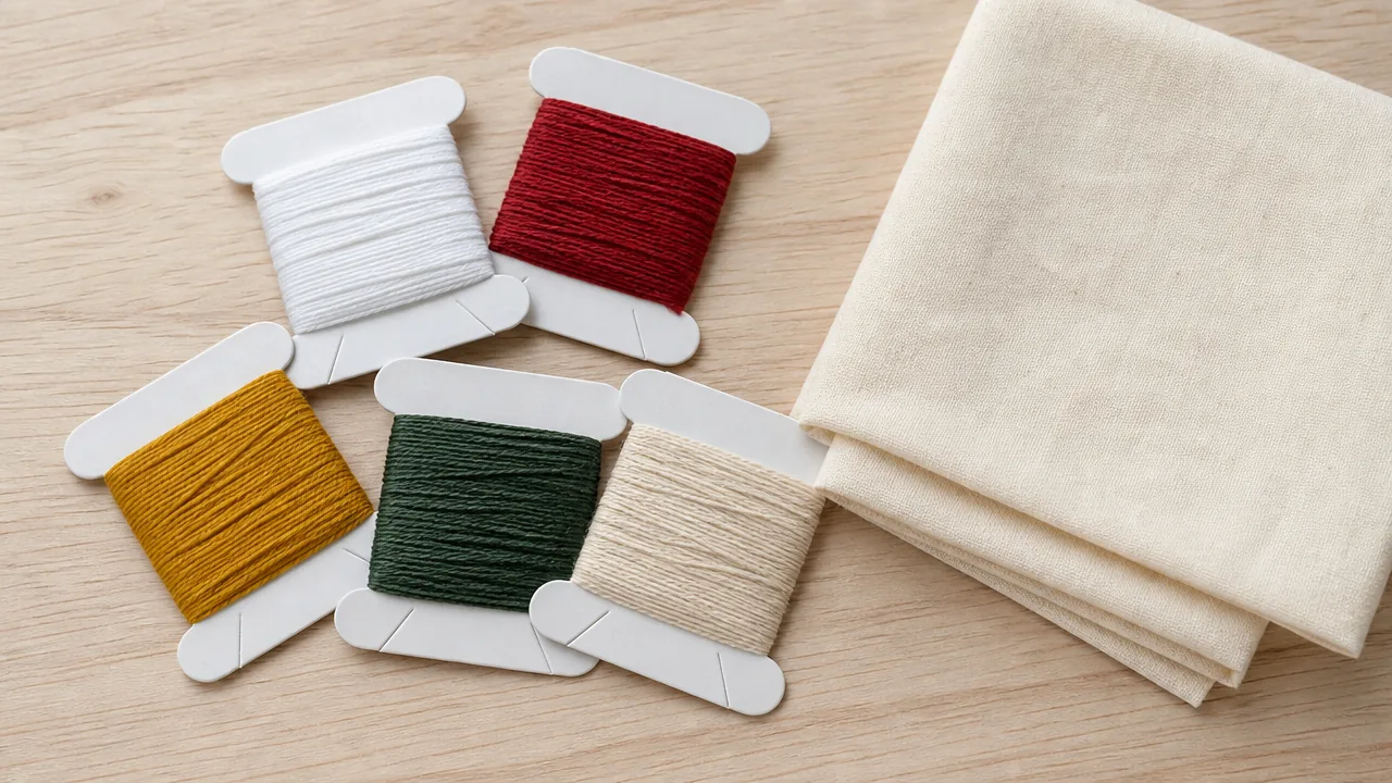 A flat lay photograph on a light wood surface showing several small wound cards of sashiko thread in a range of colors — white, deep red, mustard yellow, forest green, and natural cream — arranged in a loose fan pattern beside a folded piece of cream-colored cotton fabric. Soft natural light, no hands, no text, no lettering, no logos, no price tags, photorealistic style.