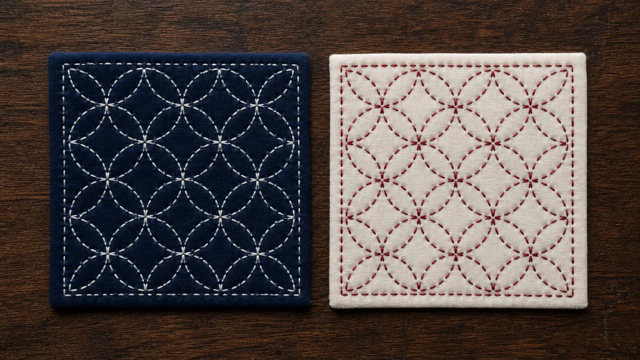 An overhead photograph on a dark wood surface showing two small finished sashiko sample squares side by side: one in the traditional white-thread-on-indigo combination, the other in a deep red thread on natural cream fabric, both with the same simple geometric running-stitch pattern for direct comparison. Soft even lighting, no hands, no text, no lettering, no logos, no price tags.