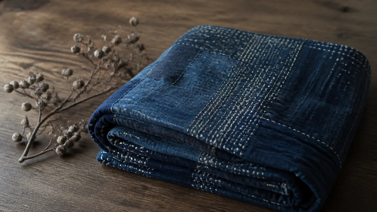 A quiet still life photograph on a warm wood surface showing a folded antique-looking indigo cotton textile with visible hand stitching in white thread, resting beside a small dried branch, suggesting age and rural craft heritage. Soft muted natural light, contemplative mood. No hands, no text, no lettering, no logos, no price tags.