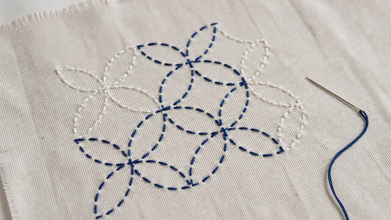 A close-up photograph of a partially finished sashiko sample on natural cotton fabric, stitched with two different colored threads — white and deep blue — forming a simple geometric pattern, with the needle resting nearby. Soft natural light, no hands, no text, no lettering, no logos, no price tags.