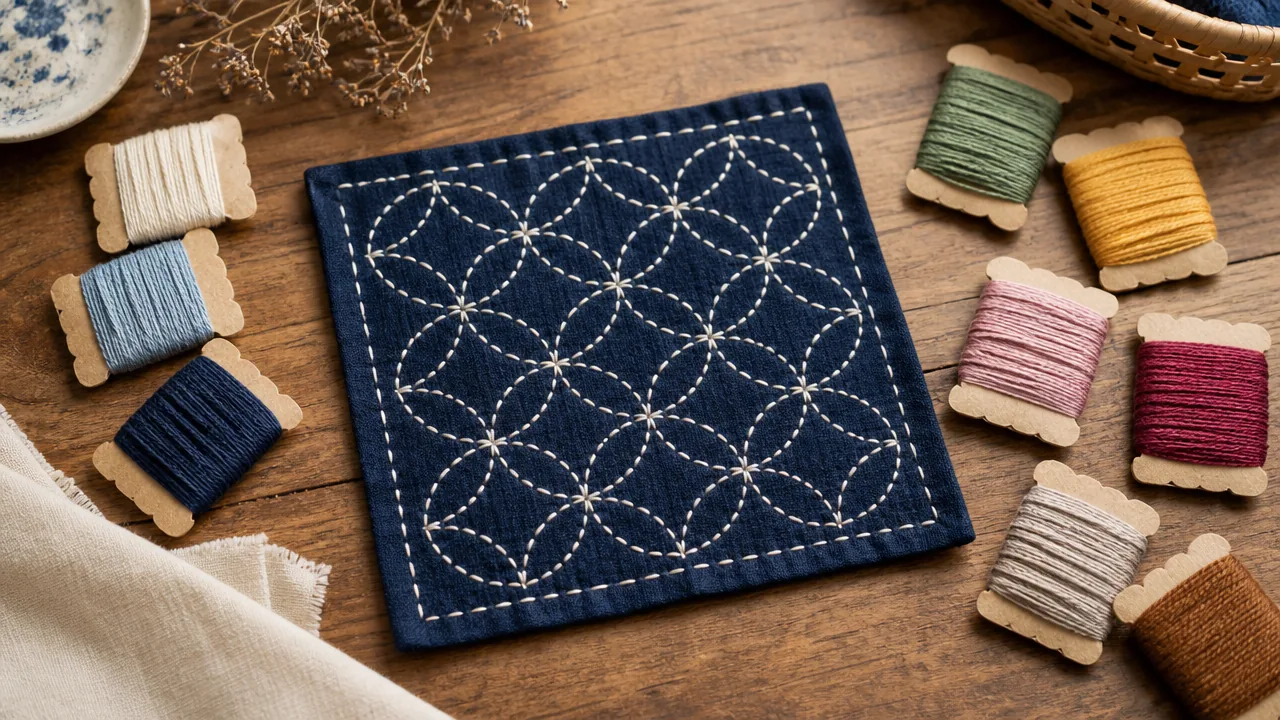 A warm editorial flat lay on a wooden table showing a finished small sashiko piece in the traditional white-on-indigo combination, surrounded loosely by several additional colored thread cards and a swatch of natural cotton fabric, suggesting a range of choices. Soft natural light, no hands, no text, no lettering, no logos, no price tags.