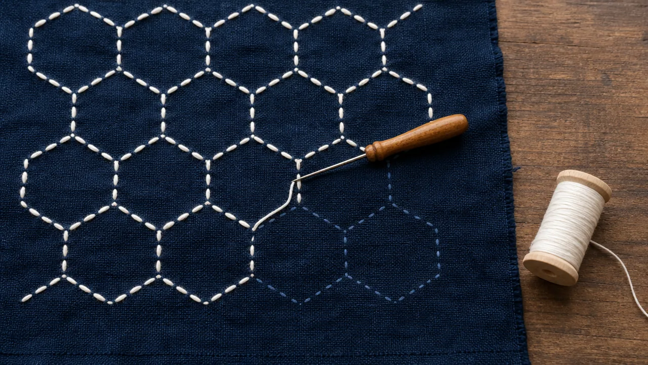 Close-up top-down view of a piece of dark indigo-dyed cotton fabric stretched flat, with a work-in-progress sashiko embroidery visible: a geometric pattern of interlocking hexagons stitched in thick white cotton thread, partially complete, with a wooden-handled needle resting mid-stitch in the fabric. A small spool of white thread sits just beside the fabric on a plain wooden table. Soft diffused daylight. No text, no labels, no logos.