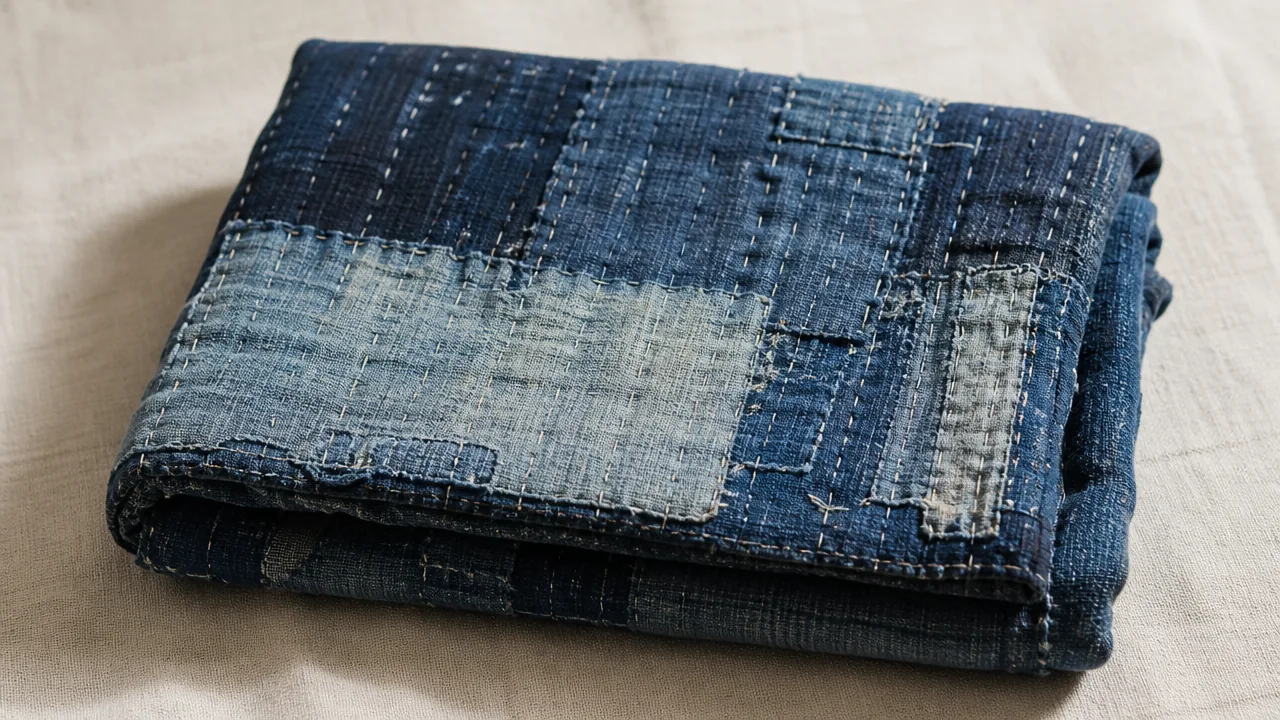 A folded antique-style boro textile displayed on a plain off-white linen surface, showing multiple overlapping patches of indigo-dyed cotton cloth in varying shades from deep navy to faded pale blue, with visible running stitches holding the layers together. The edges of individual patches are visible beneath outer stitching. The overall object looks aged and softly worn, with gentle natural light from one side casting subtle shadows that reveal the texture of the layered cloth. No text, no labels, no logos.