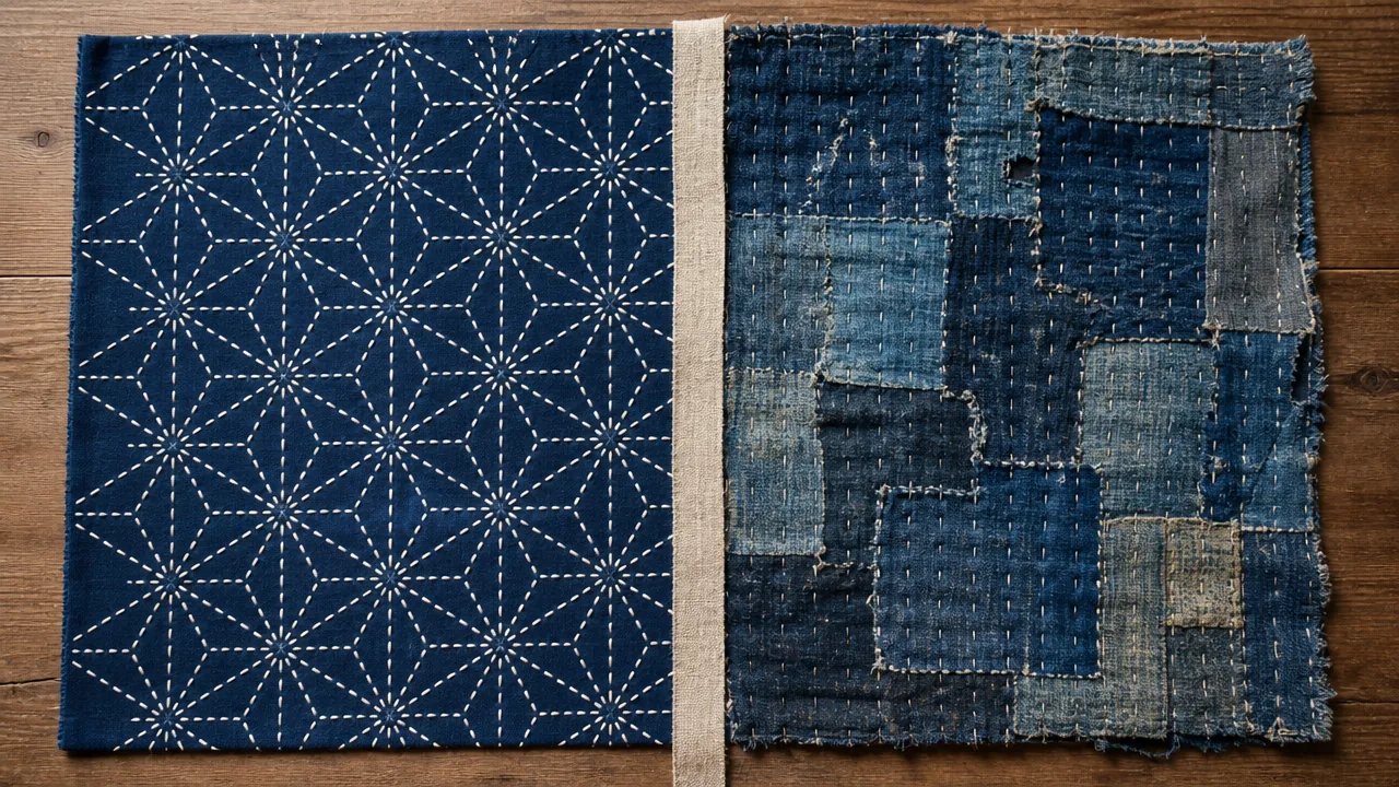 A split flat-lay composition on a plain wooden surface: the left half shows a single layer of indigo cotton fabric with a clean, precise geometric sashiko running stitch pattern in white thread, clearly new and unworn; the right half shows a multi-layered patched cloth panel with several overlapping pieces of faded indigo cotton in different tones held together by visible running stitches, looking aged and repaired. A thin natural linen ribbon divides the two halves down the center. Overhead soft natural light. No text, no labels, no logos.