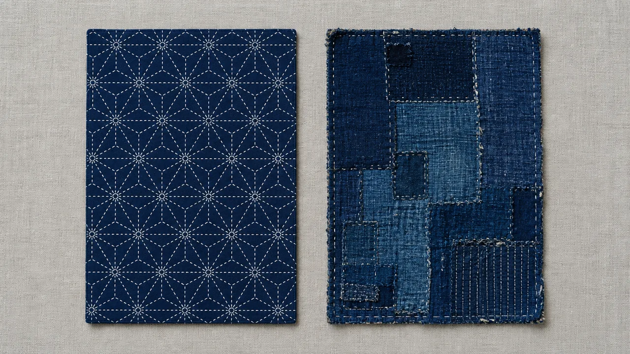 Top-down flat lay of two fabric swatches placed symmetrically on a plain light gray linen surface. The left swatch is a single piece of deep indigo cotton showing a precise, repeating geometric sashiko stitch pattern in white thread — clean and unworn. The right swatch is a multi-layered piece of cloth with several patches of varying indigo shades layered and stitched together, edges visible, with an aged and repaired appearance. Both swatches are the same rectangular size. Soft overhead natural light with minimal shadows. No text, no labels, no logos.