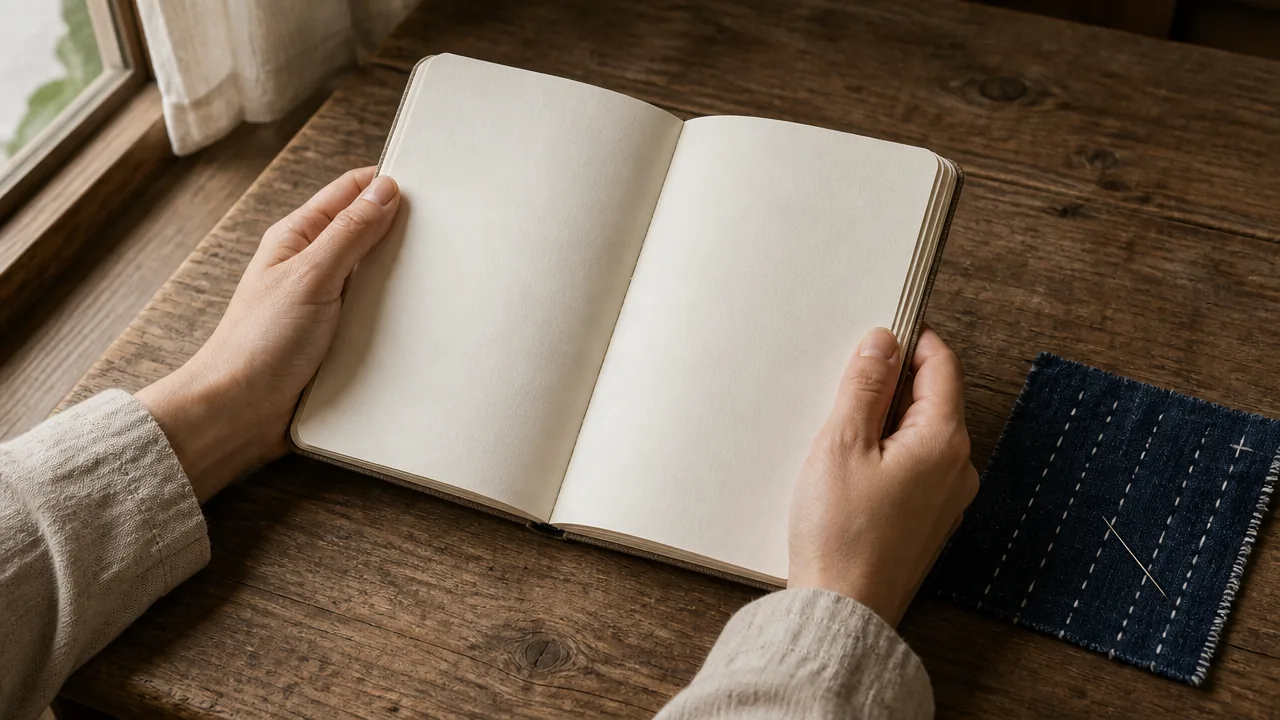 A calm, close-up view of a pair of hands (visible from the wrist down, wearing a simple natural linen sleeve) holding an open notebook on a wooden table. The notebook pages are blank. Beside the notebook lies a small indigo fabric swatch with visible white running stitches and a single needle resting on top of it. Soft window light from the left side. No text, no labels, no logos.