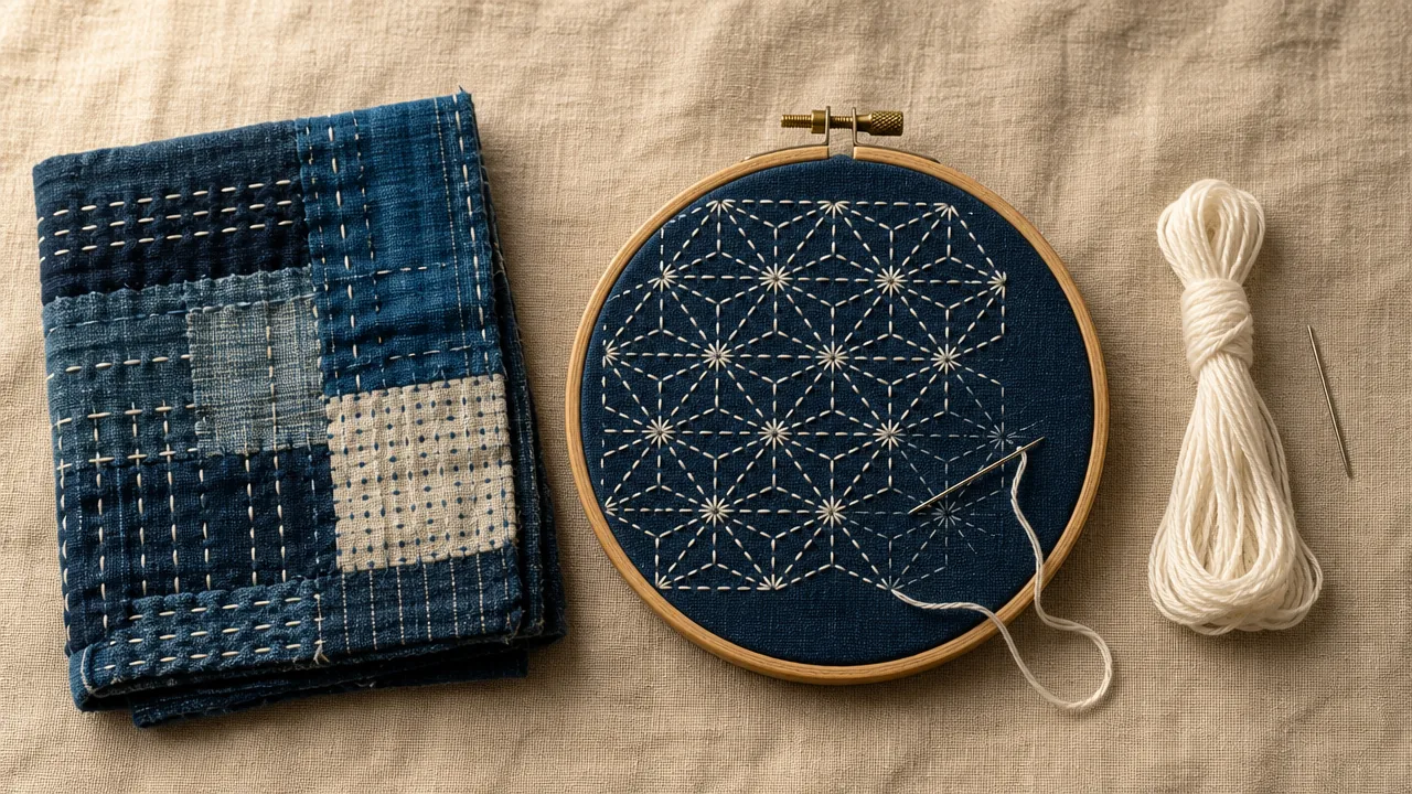 A warm, inviting flat lay on a natural linen surface: a small embroidery hoop with indigo fabric and a partially completed geometric sashiko pattern in white thread sits in the center, with a folded multi-patch boro-style cloth square placed to its left, and a small bundle of white sashiko thread and a single needle placed neatly to the right. Soft warm natural light from above-left. The overall composition feels calm and handmade. No text, no labels, no logos.