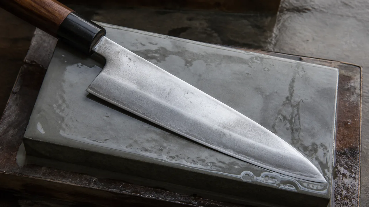 Knife blade lying flat on a wet grey whetstone