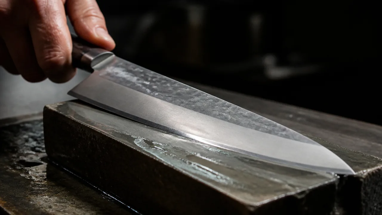 A hand holding a knife at a low angle against a wet whetstone