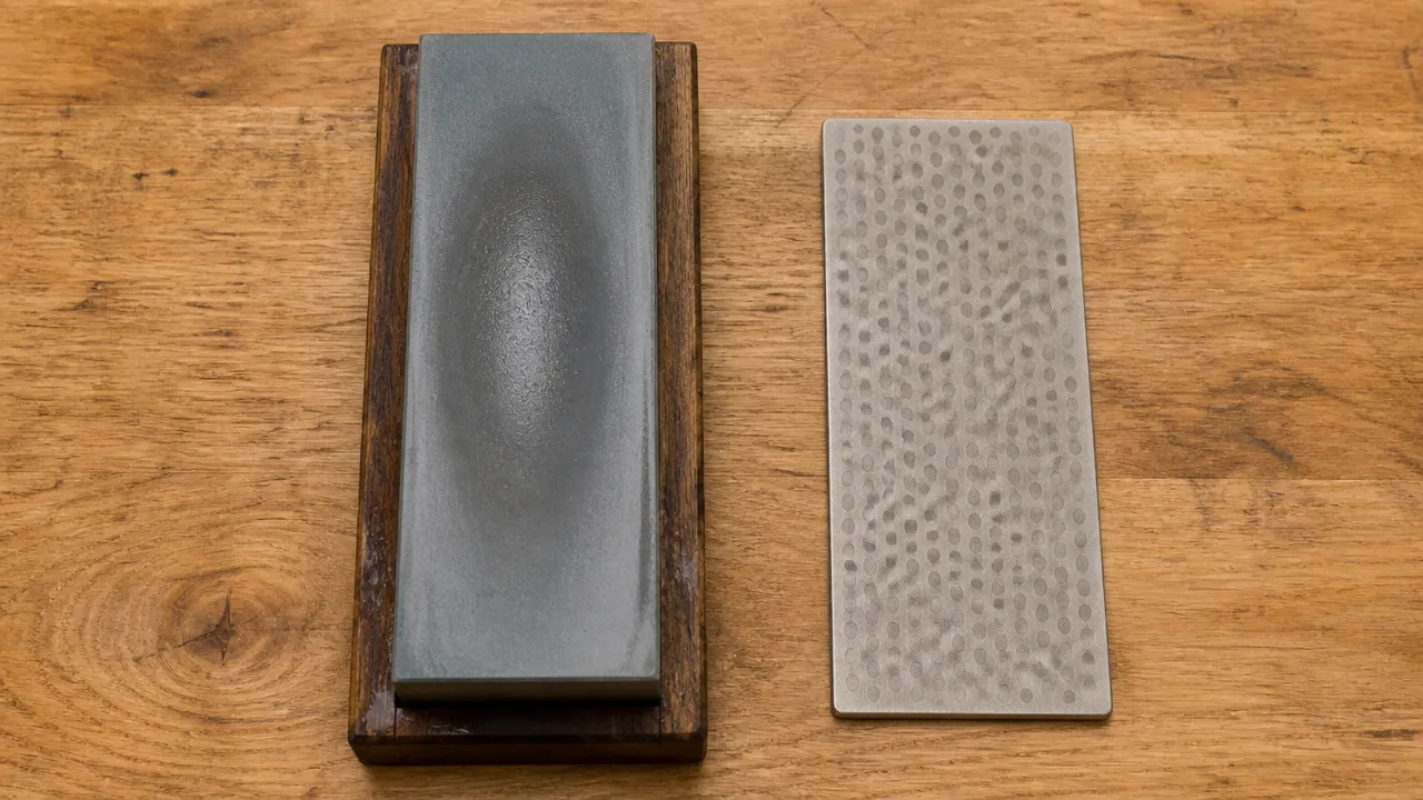 Whetstone with a worn hollow in its center beside a flattening plate on a wooden counter