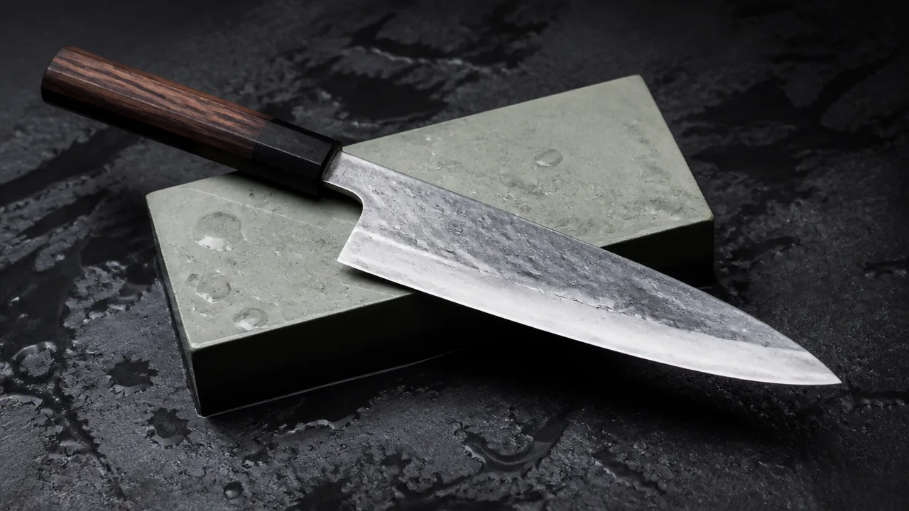 Knife with a dark wooden handle resting across a wet whetstone