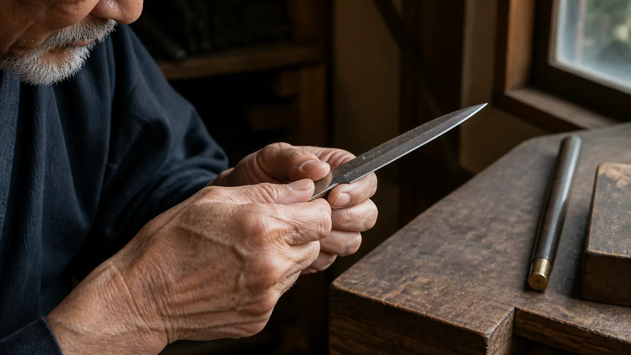 An older craftsman's hands holding a knife blade up to inspect its edge