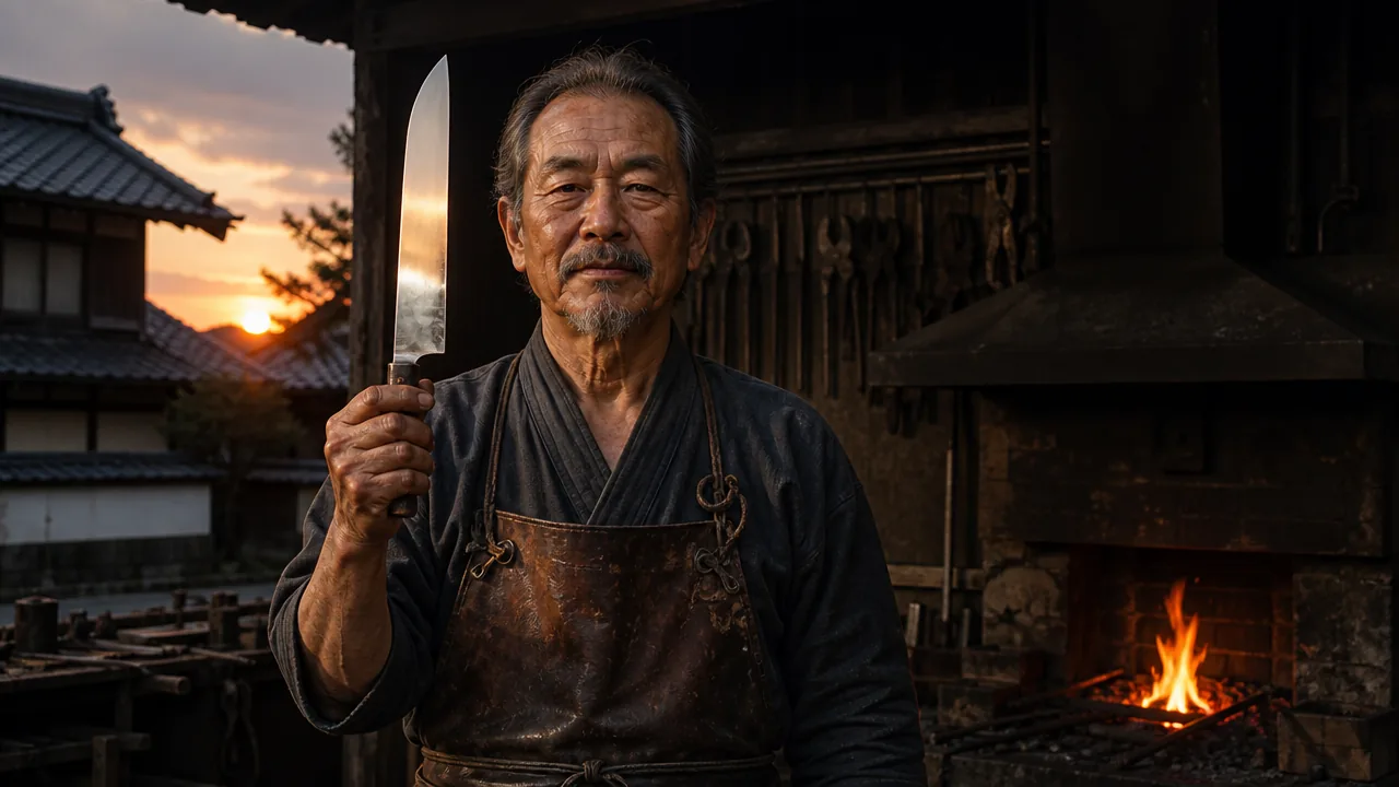Older blacksmith in an apron holding up a knife in front of a forge at dusk