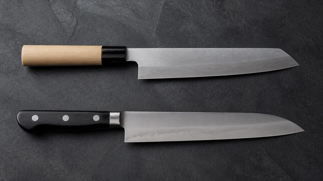 Two knives on slate: one with a pale wooden Japanese handle above one with a black riveted Western handle