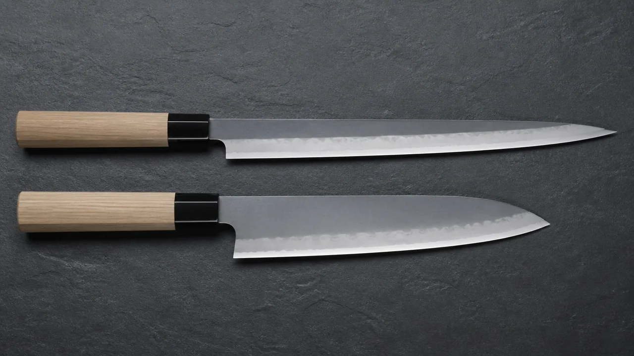 A long slender yanagiba above a gyuto, both with pale wooden handles, on slate