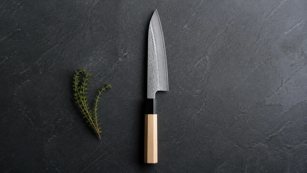 A single knife with a pale wooden handle on slate beside a sprig of herbs