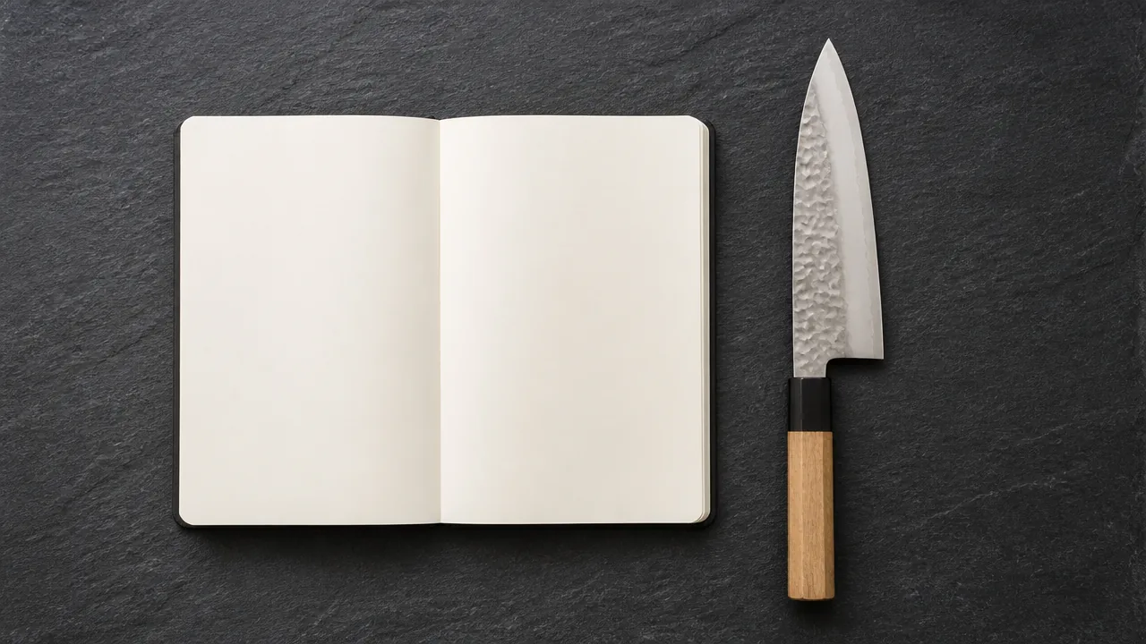 Open blank notebook beside a knife with a hammered blade on slate